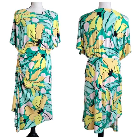 Maggy London Women's Floral Print Jersey Midi Dress in Jade Golden Yellow 10 - Picture 1 of 10